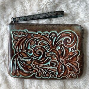 Patricia Nash Brown and Teal Embossed Wristlet